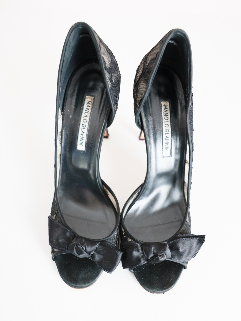 Manolo Blahnik Black Lace Peep-Toe Pumps with Satin Bow - Picture 3 of 9